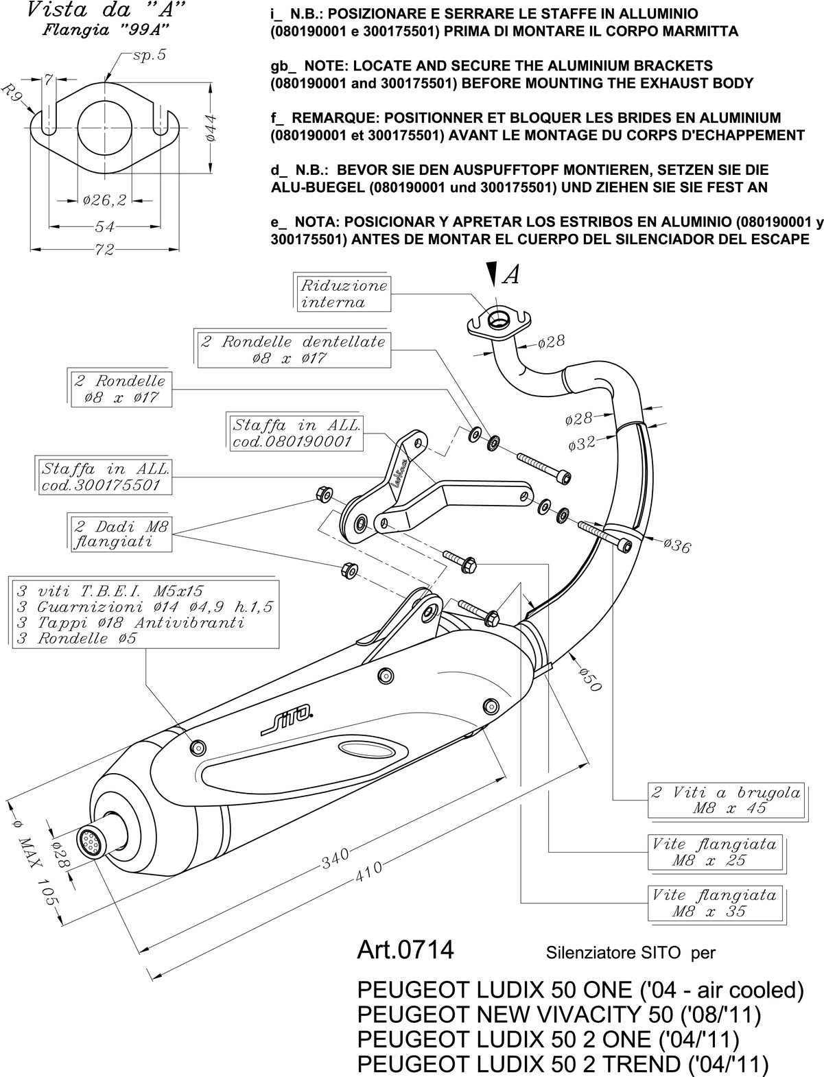 Complete Catalytic Exhaust System With Sound Certification Sito Stainless Steel - Leovince Compatible With Peugeot Ludix 50 2 One - Trend (2004-2012)