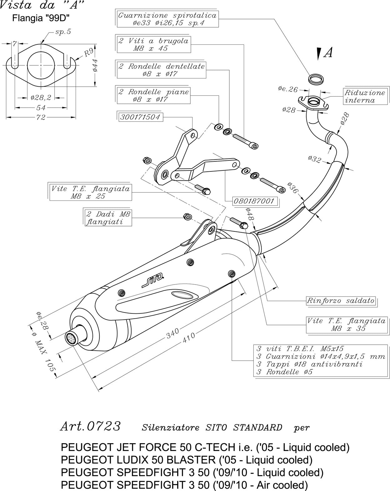 Complete Catalytic Exhaust System With Sound Certification Sito Stainless Steel - Leovince Compatible With Peugeot Ludix Blaster 50 Liquid (2005)