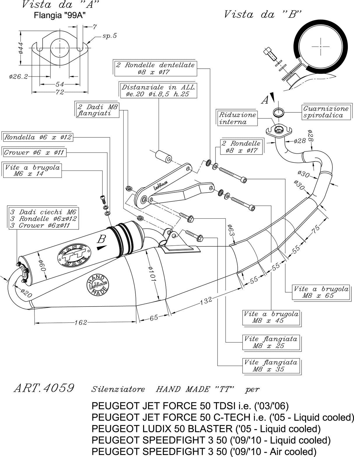 Complete Catalytic Exhaust System With Sound Certification Hand Made Tt Black Aluminum - Leovince Compatible With Peugeot Jet Force 50 Tdsi Injection (2003-2006)