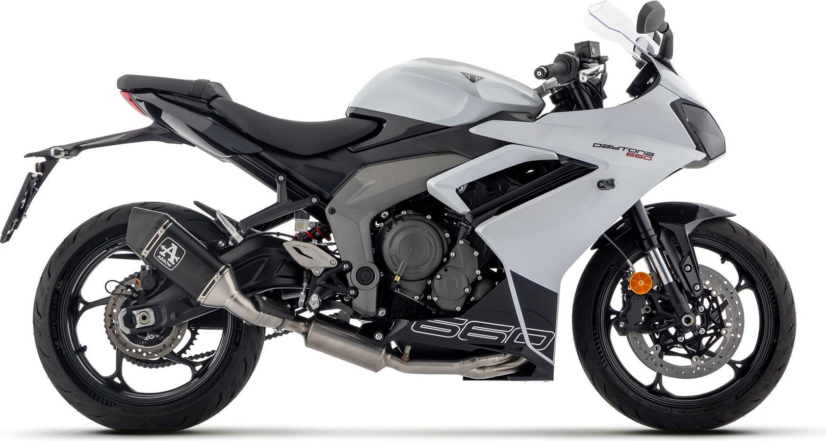 Complete Exhaust System Without Catalytic Converter And Without Sound Certification Veloce Black Aluminium Carbon - Arrow Special Parts Compatible With Triumph Daytona 660 (2024-2026)