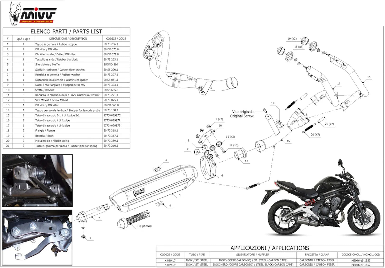 Sistema De Escape Completo Con Catalizador Y Homologación Acústica Suono Acero Carbono - Mivv Compatible Con Kawasaki Er-6 F (2012-2016)