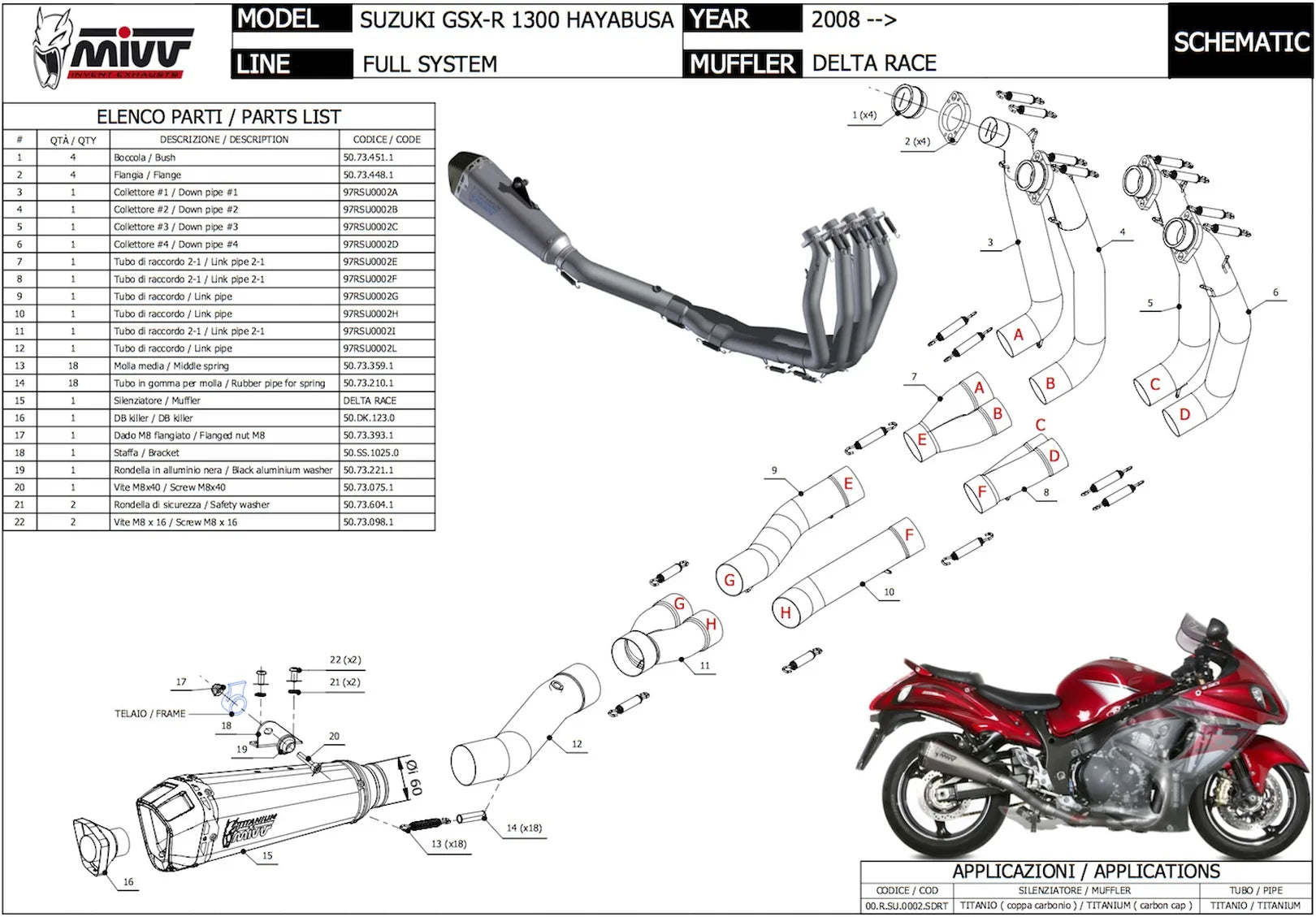 Sistema De Escape Completo Sin Catalizador Y Sin Homologación Acústica Delta Race Full Titano Carbono - Mivv Compatible Con Suzuki Gsx-R 1300 Hayabusa (2008-2017)