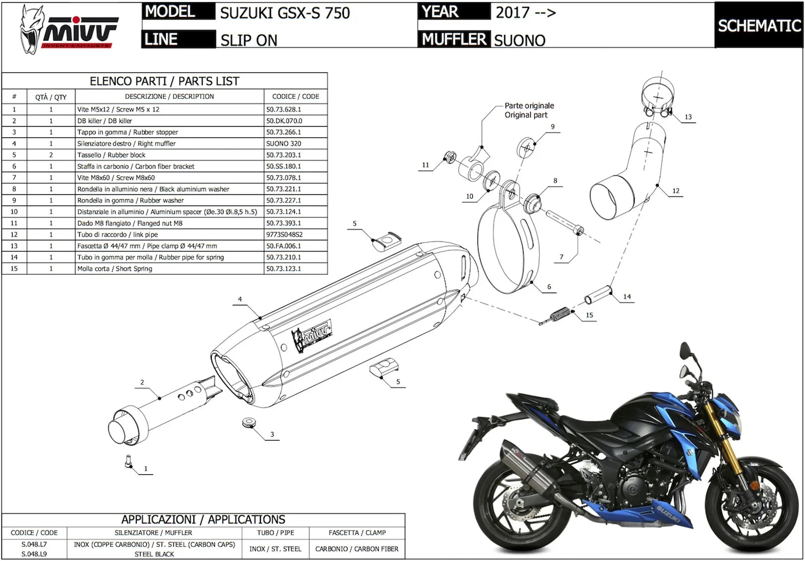 Tubo De Escape Con Homologación Acústica Suono Acero Negro Carbono - Mivv Compatible Con Suzuki Gsx-S 750 (2017-2020)