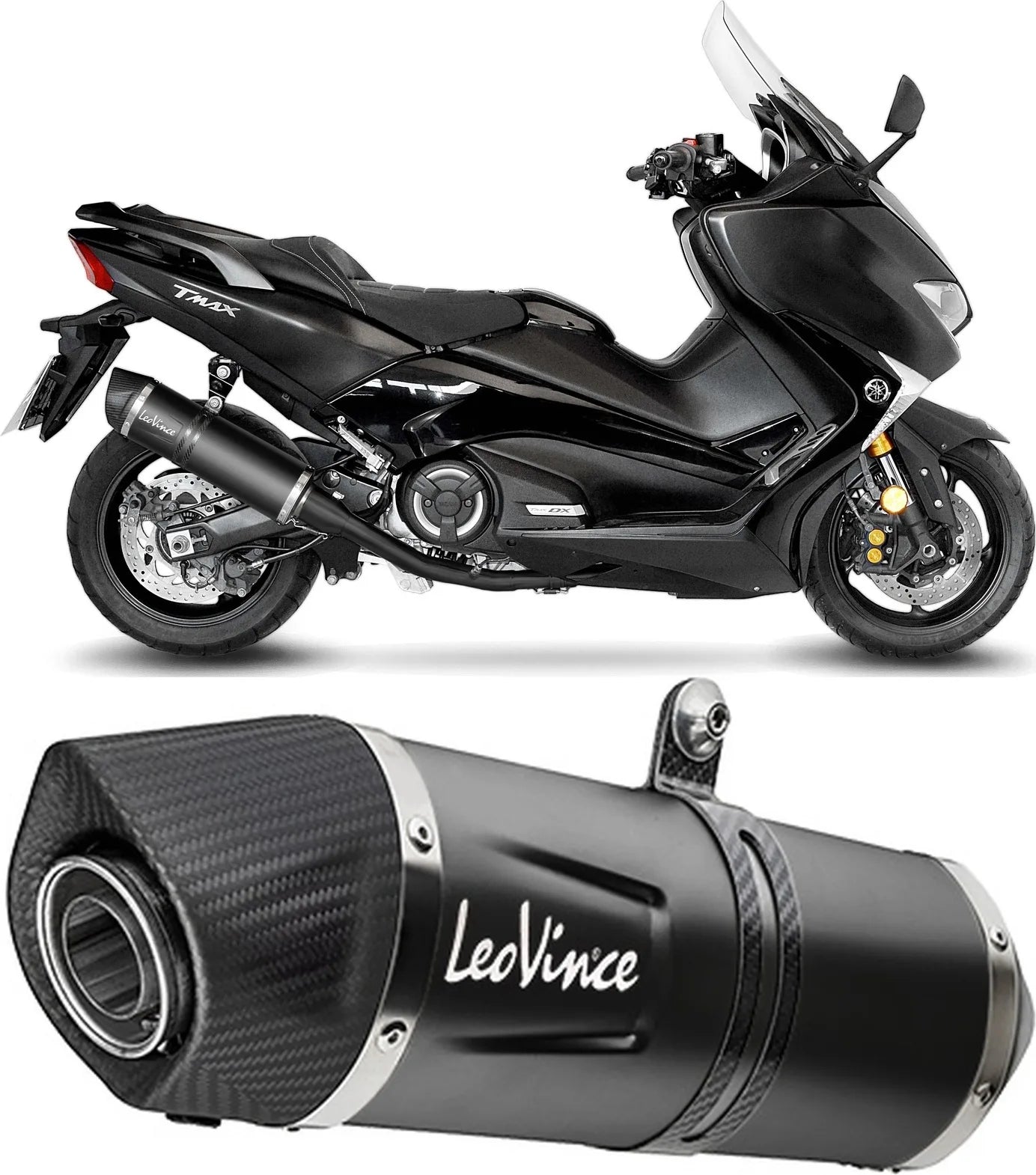 Sistema De Escape Completo Sin Catalizador Y Sin Homologación Acústica Lv One Evo Acero Full Negro Fondo Carbono - Leovince Compatible Con Yamaha Yp 530 T-Max Abs Sx (2017-2019)