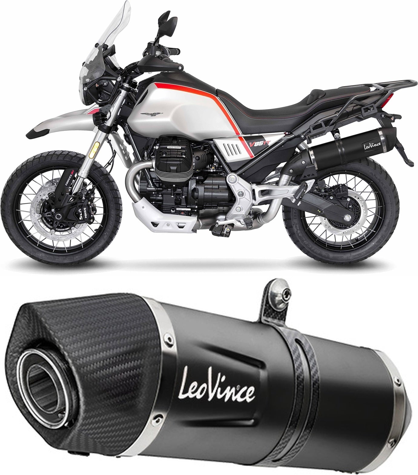 Exhaust Tip Without Sound Certification Lv One Evo Steel Black Carbon Fiber End Cap - Leovince Compatible With Moto Guzzi V85 Tt (2024-2026)