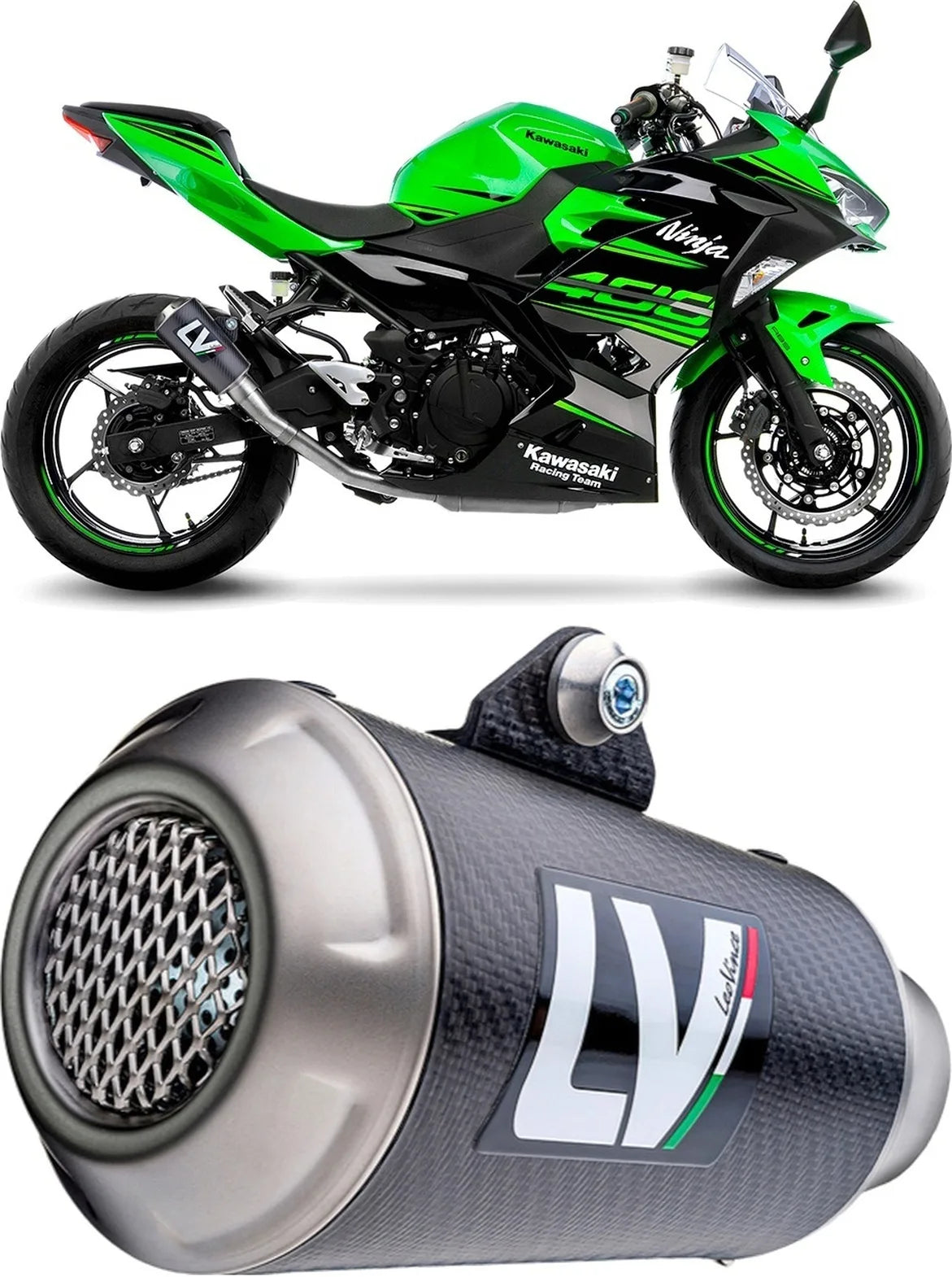 Tubo De Escape Sin Homologación Acústica Lv-10 Carbono Fondo Acero - Leovince Compatible Con Kawasaki Z 400 (2019-2021)