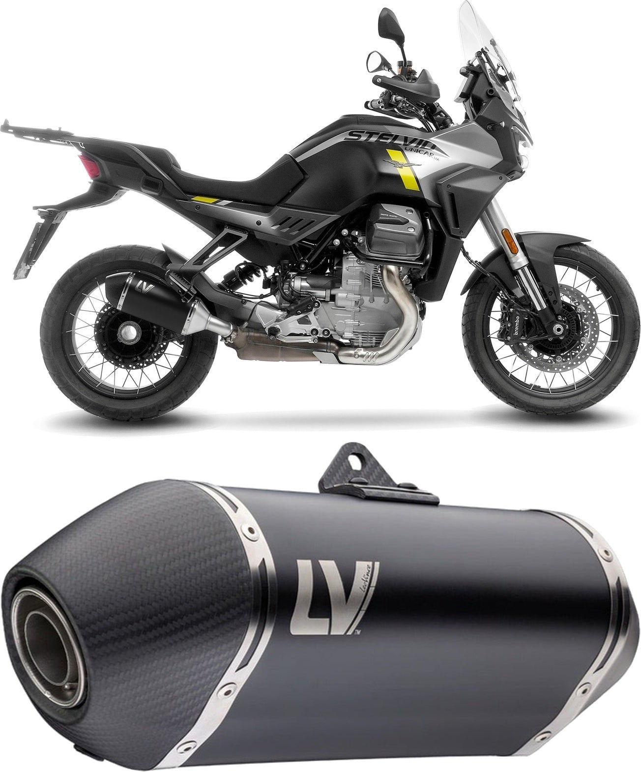Exhaust Tip Without Sound Certification Lv-14 Steel Black Carbon Fiber End Cap - Leovince Compatible With Moto Guzzi Stelvio (2024-2026)