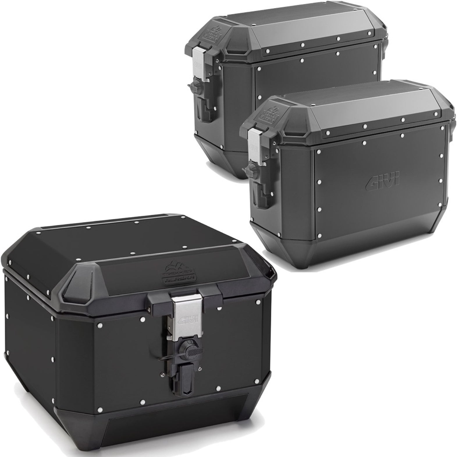 Trekker Alaska Aluminium Black Top Case + Side Cases - 116 Lt Trekker Alaska Aluminium - Givi Compatible With Triumph Bonneville T100 (2017-2022)