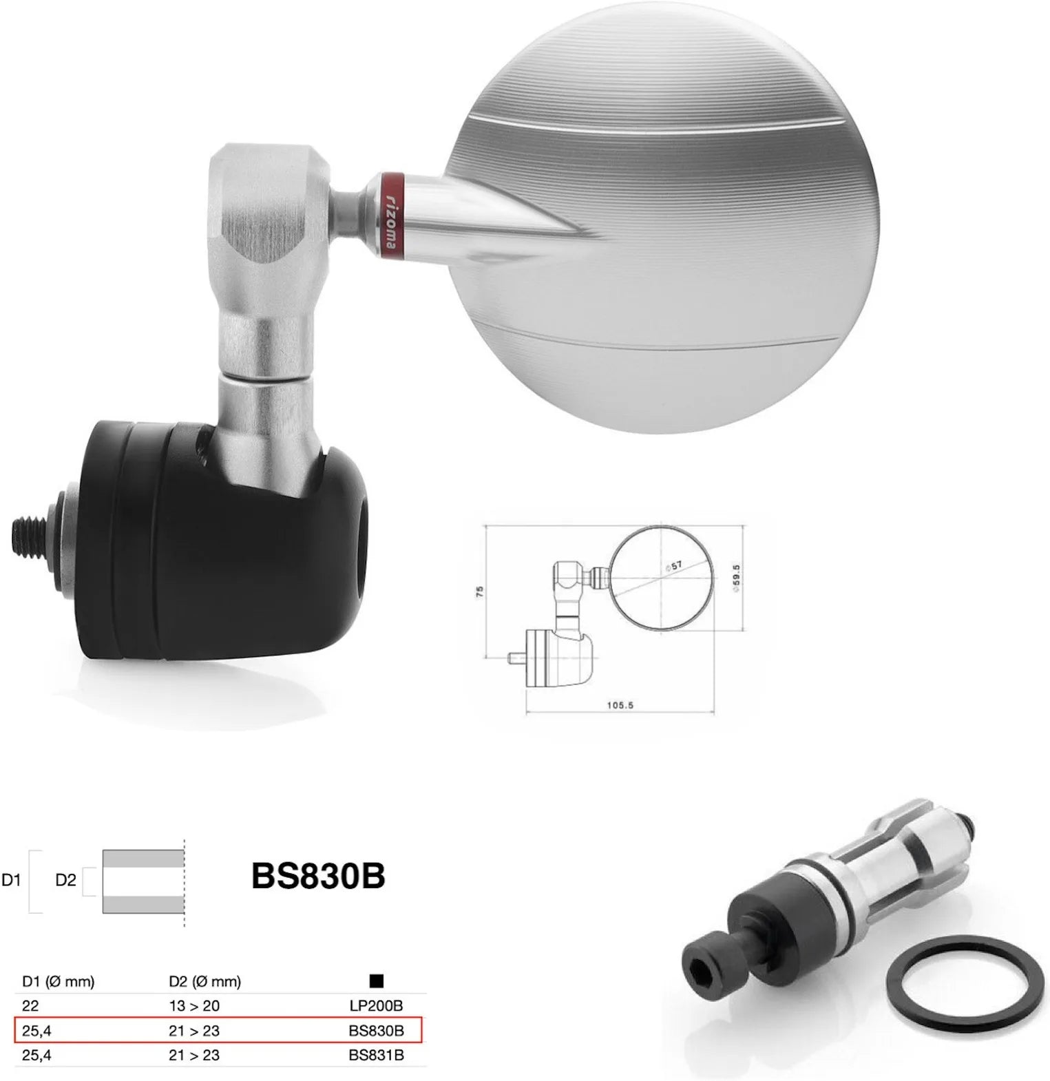 Espejo End Mount Derecho Universal Ø24,5(21>23) Spy-R Ø57 - Rizoma Compatible Con Benelli