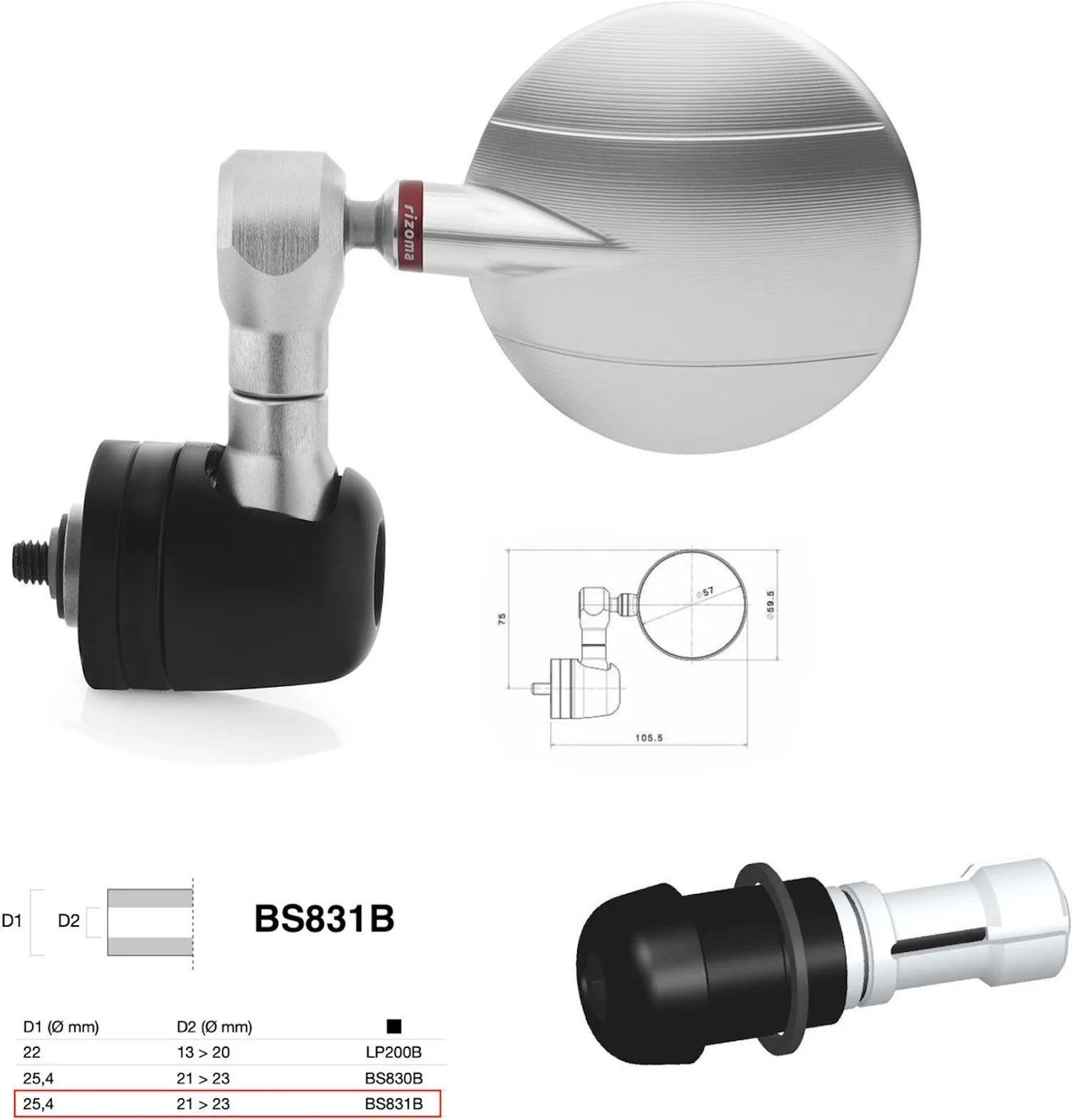 Espejo End Mount Derecho Universal Ø24,5(21>23) Spy-R Ø57 - Rizoma Compatible Con Suzuki