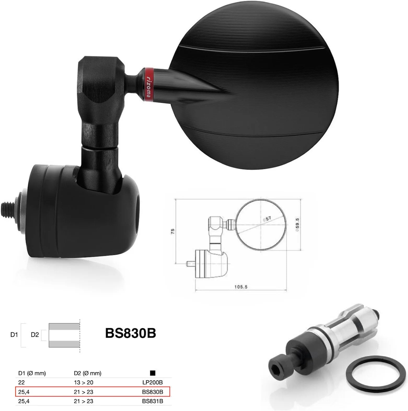 Espejo End Mount Izquierdo Universal Ø24,5(21>23) Spy-R Ø57 - Rizoma Compatible Con Ktm