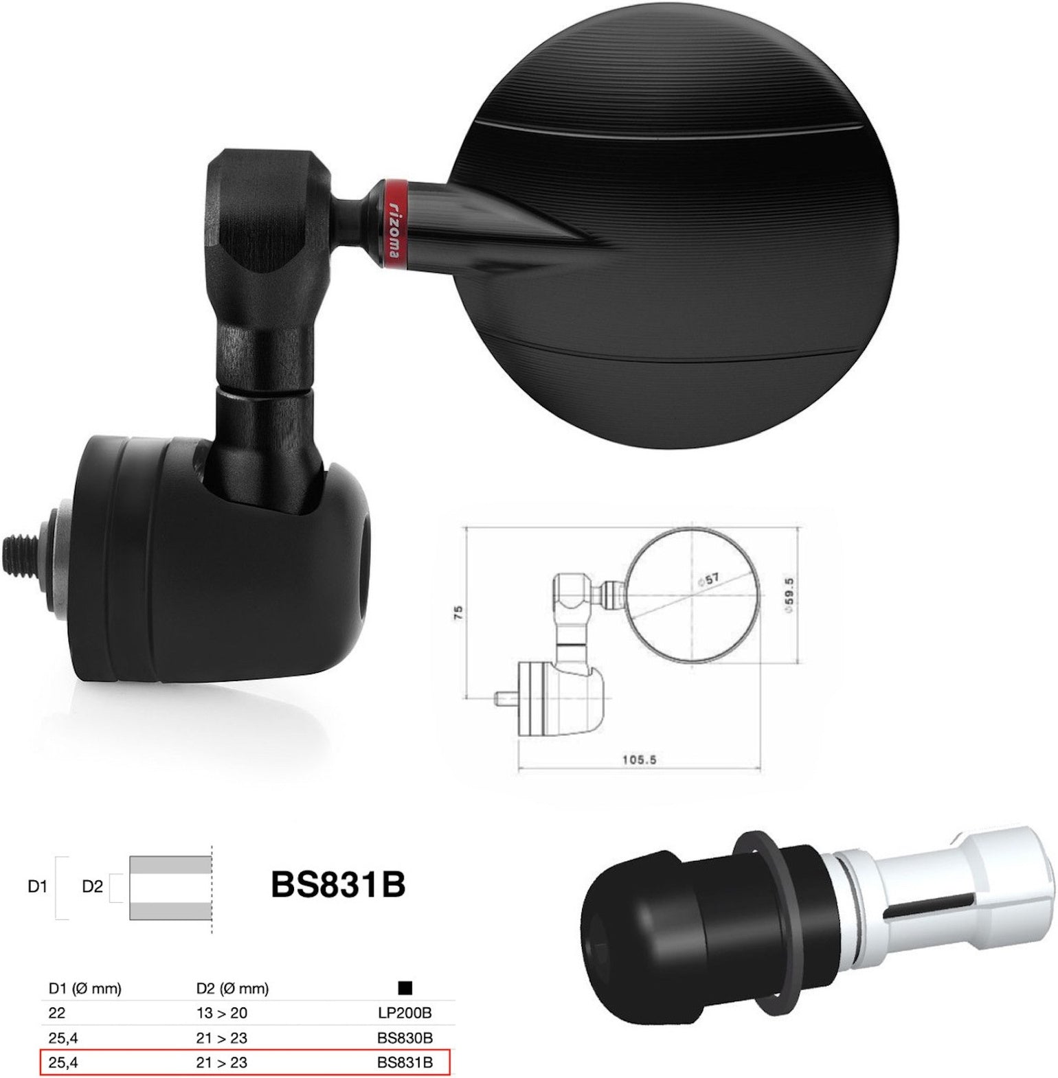 Mirror End Mount Left Universal Ø24,5(21>23) Spy-R Ø57 - Rizoma Compatible With Aprilia