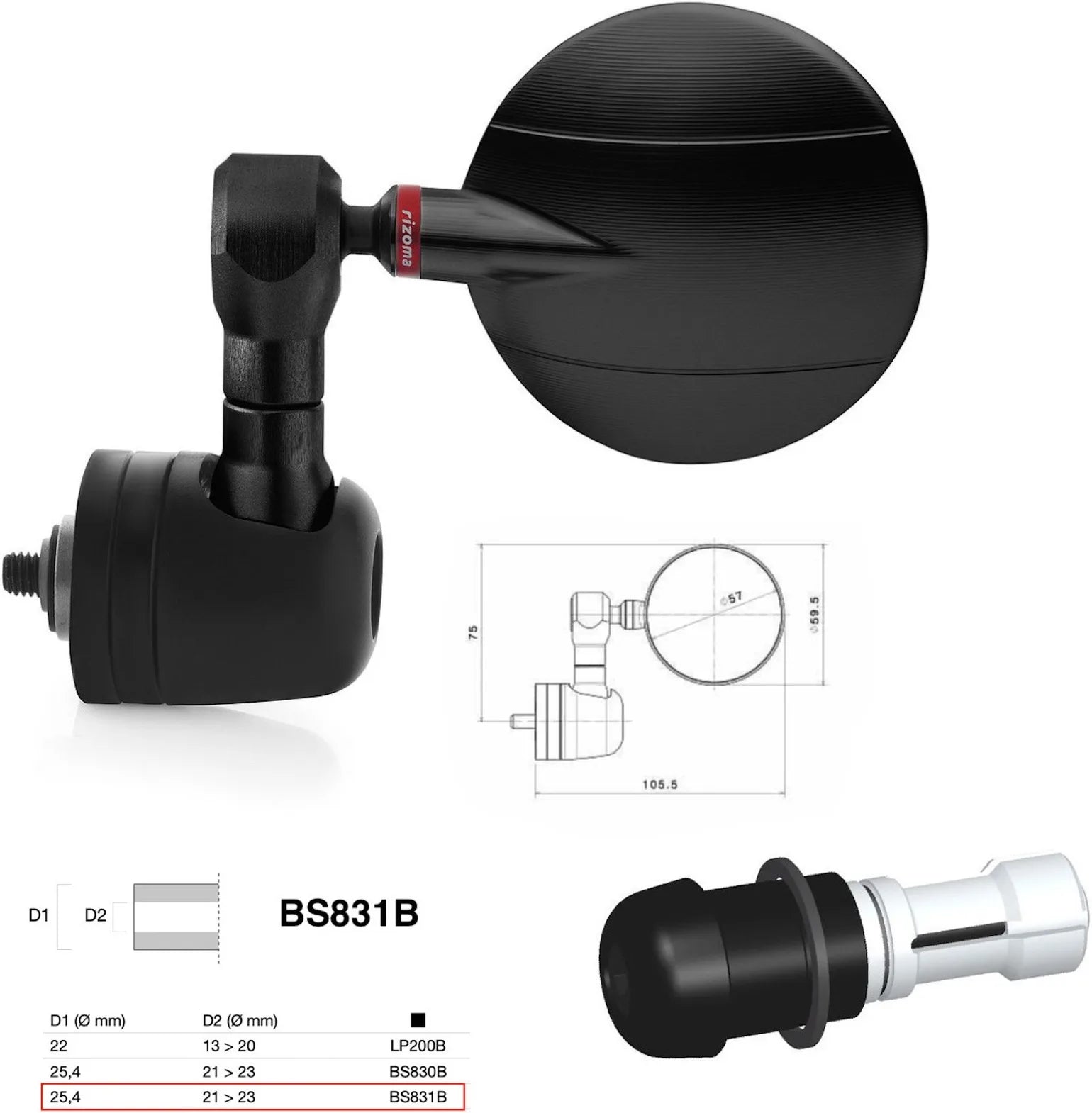 Espejo End Mount Izquierdo Universal Ø24,5(21>23) Spy-R Ø57 - Rizoma Compatible Con Ktm