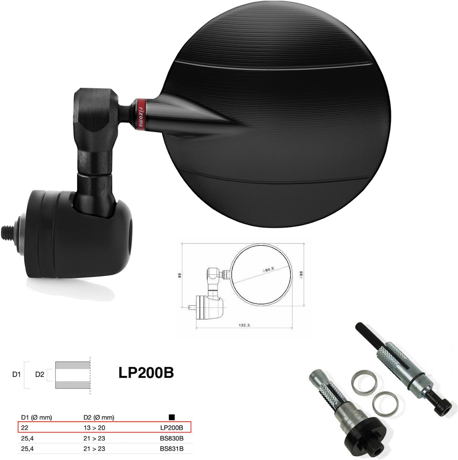 Mirror End Mount Left Universal Ø22(13>20) Spy-R Ø80 - Rizoma Compatible With Moto Guzzi