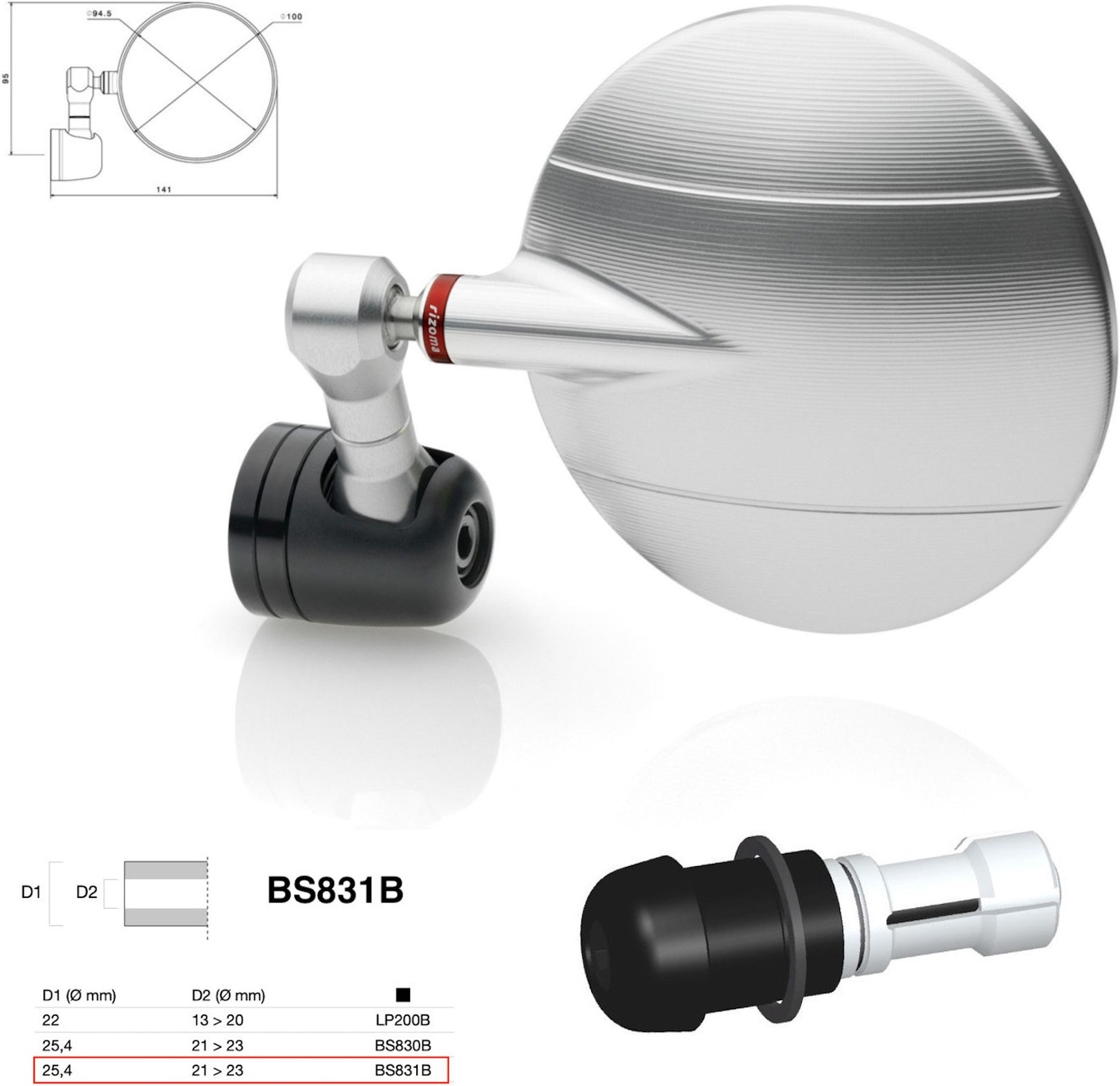 Mirror End Mount Right Universal Ø24,5(21>23) Spy-R Ø94.5 - Rizoma Compatible With Aprilia