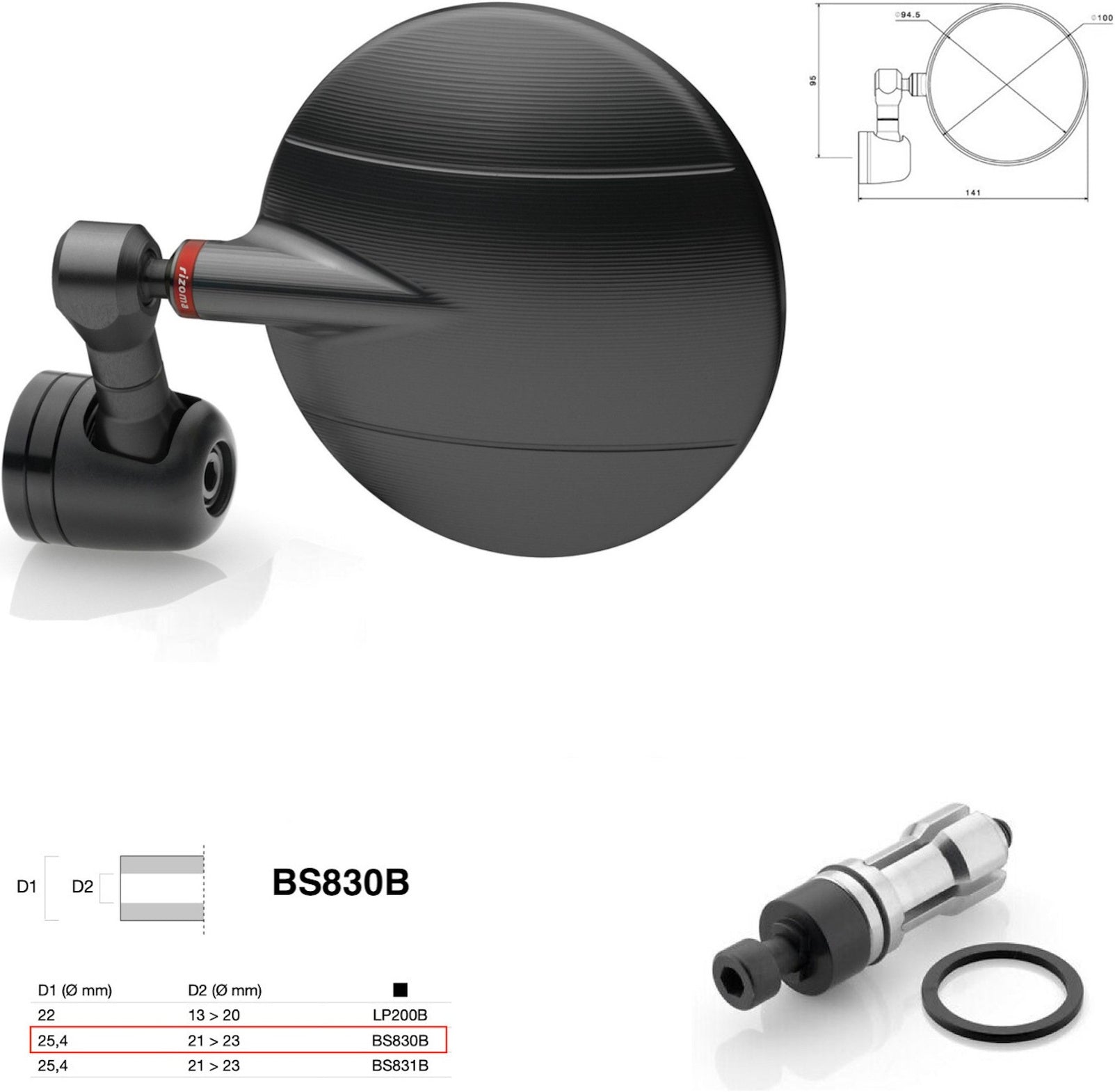 Mirror End Mount Left Universal Ø24,5(21>23) Spy-R Ø94.5 - Rizoma Compatible With Aprilia