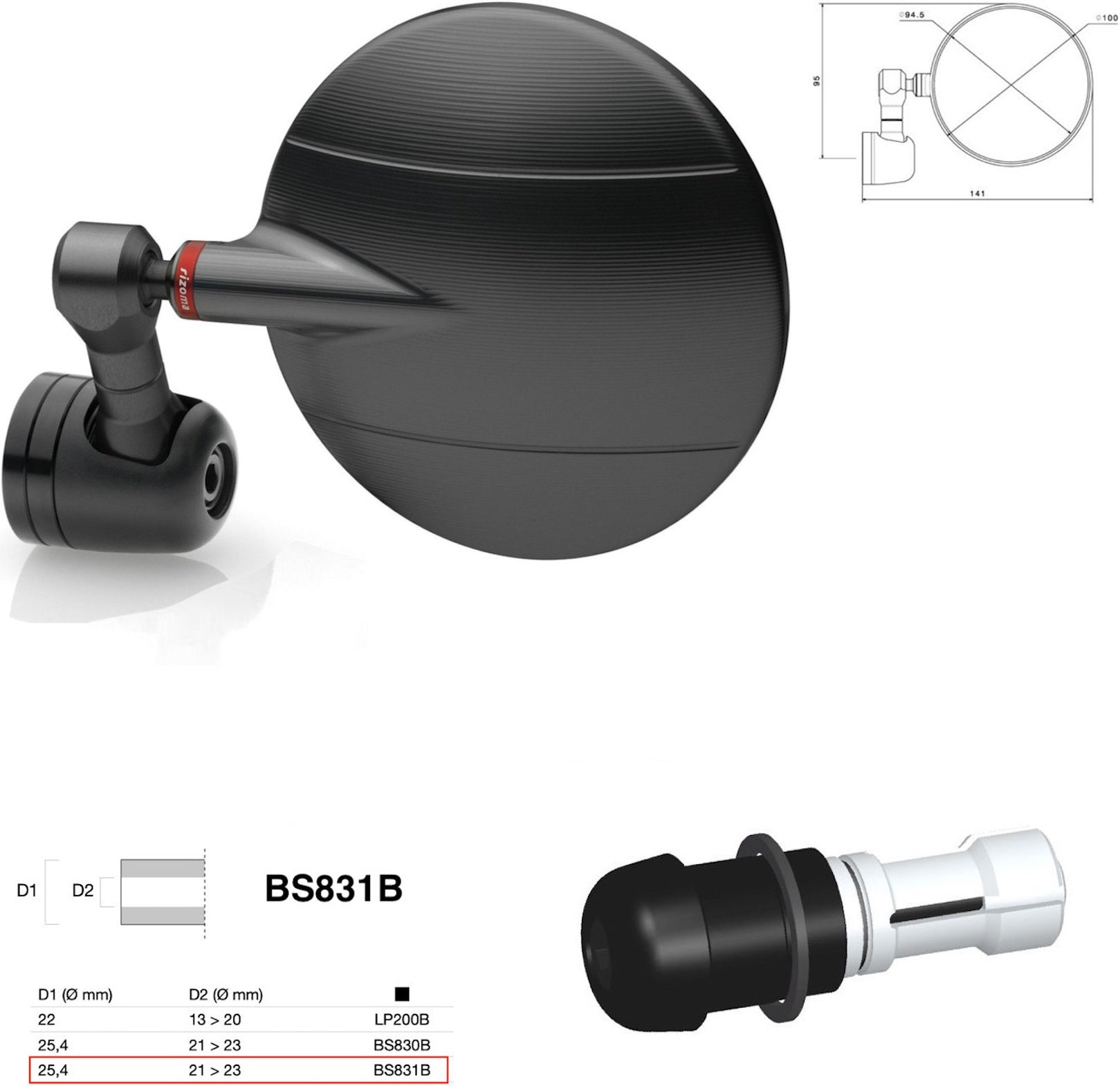 Mirror End Mount Left Universal Ø24,5(21>23) Spy-R Ø94.5 - Rizoma Compatible With Moto Guzzi