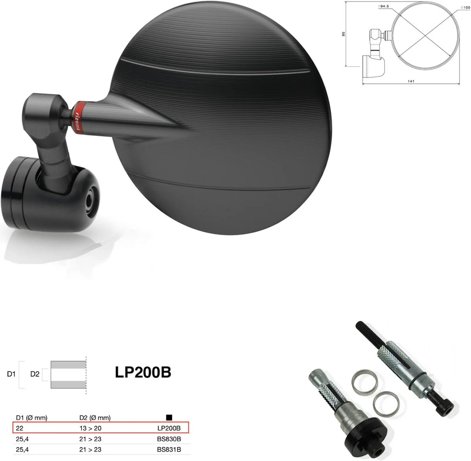Espejo End Mount Izquierdo Universal Ø22(13>20) Spy-R Ø94.5 - Rizoma Compatible Con Mv Agusta