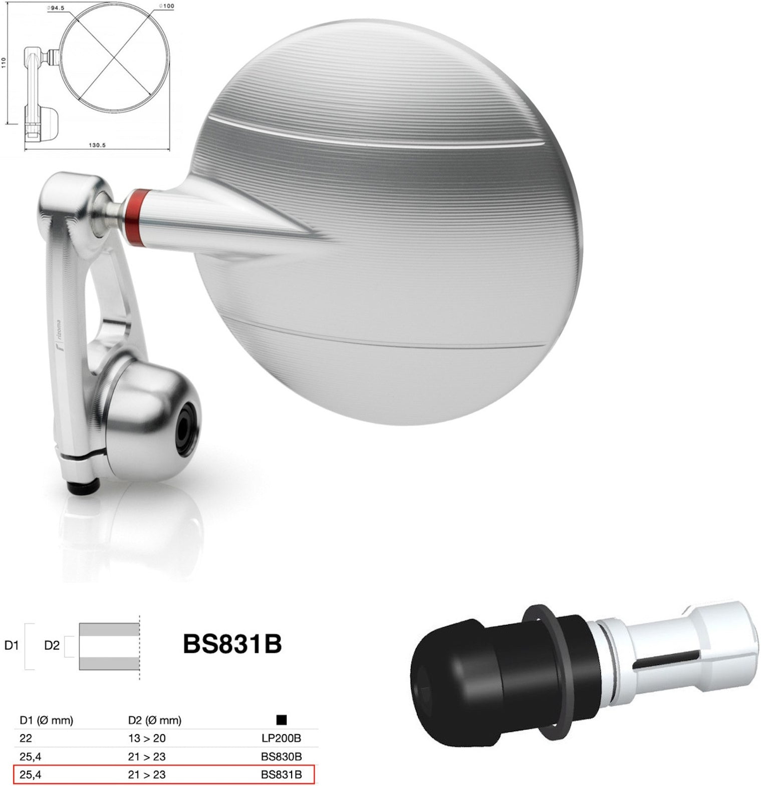 Mirror End Mount Right Universal Ø24,5(21>23) Spy-Arm Ø94.5 - Rizoma Compatible With Moto Guzzi
