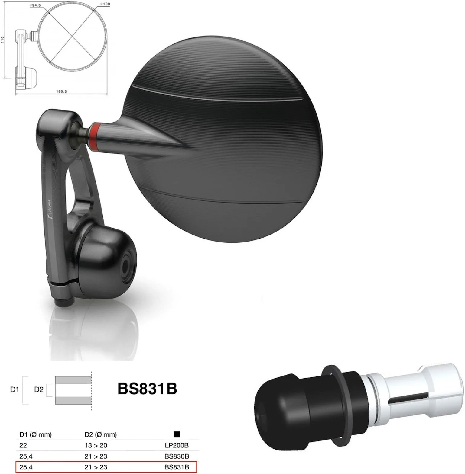 Espejo End Mount Izquierdo Universal Ø24,5(21>23) Spy-Arm Ø94.5 - Rizoma Compatible Con Ktm
