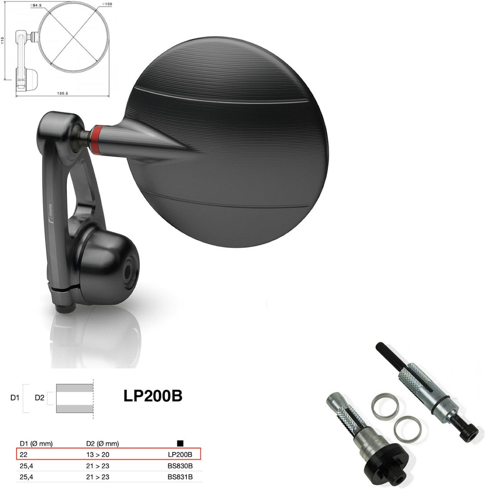Mirror End Mount Left Universal Ø22(13>20) Spy-Arm Ø94.5 - Rizoma Compatible With Moto Guzzi