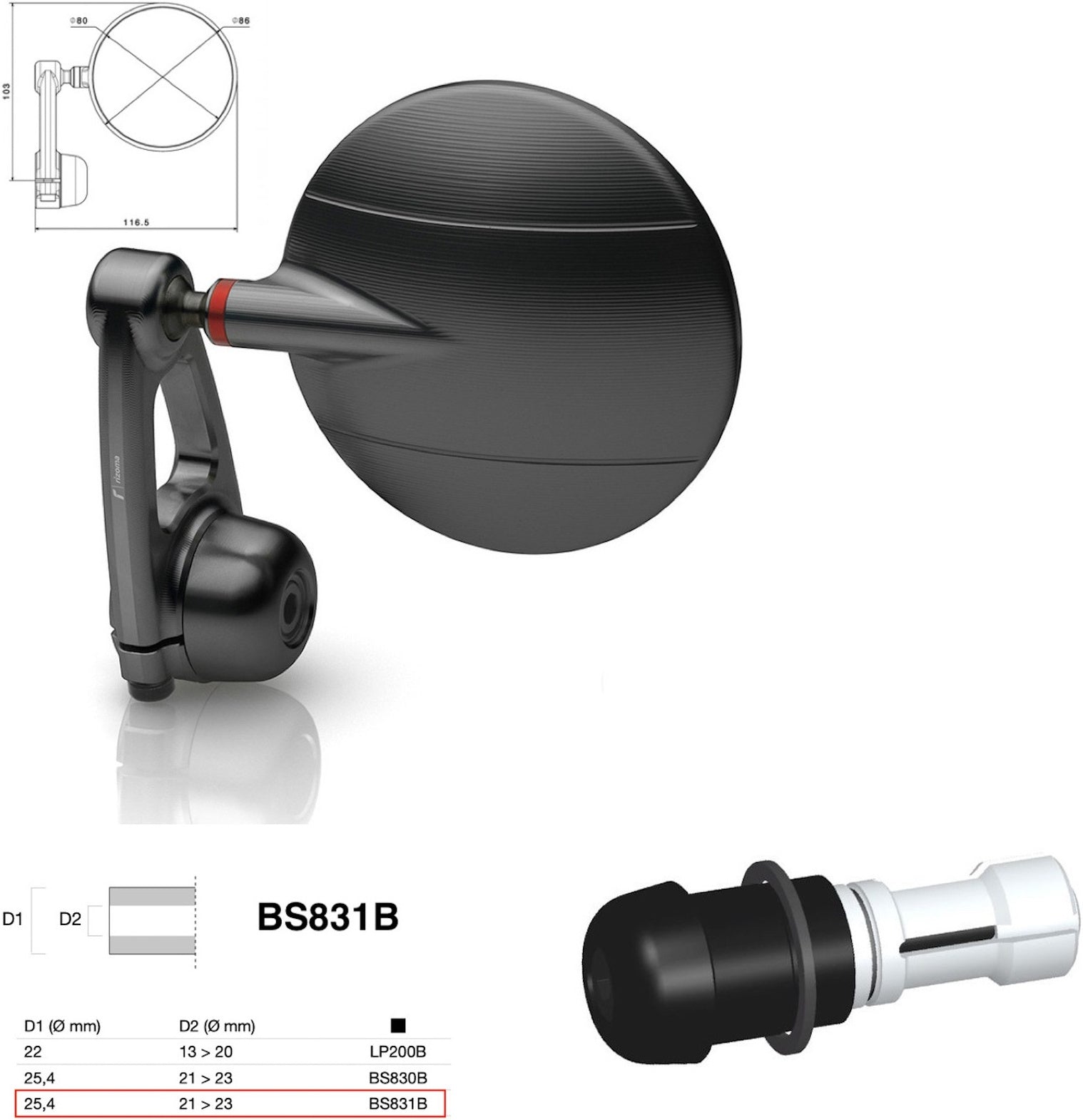 Mirror End Mount Right Universal Ø24,5(21>23) Spy-Arm Ø80 - Rizoma Compatible With Aprilia