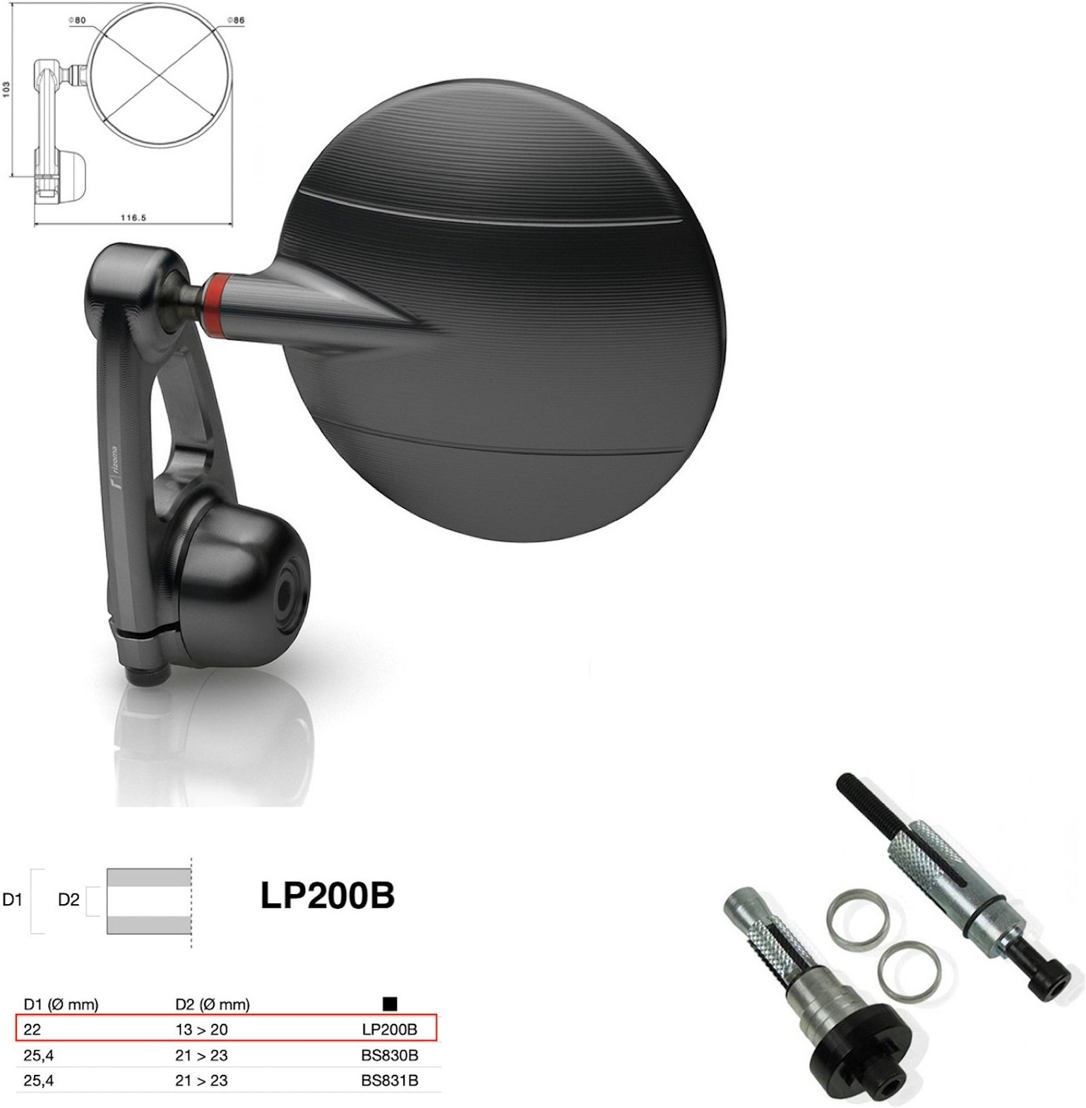 Mirror End Mount Right Universal Ø22(13>20) Spy-Arm Ø80 - Rizoma Compatible With Moto Guzzi