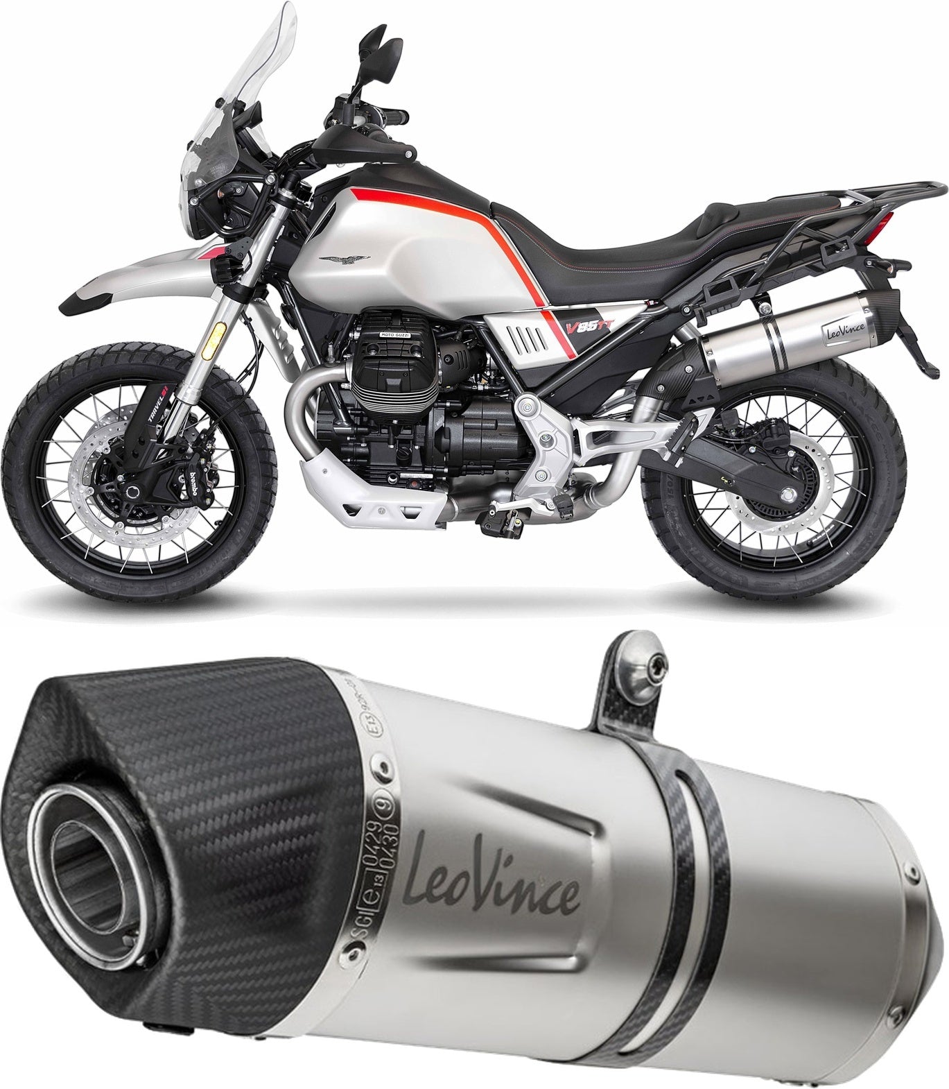 Exhaust Tip With Noise Certification Lv One Evo Stainless Steel Carbon Fiber End Cap - Leovince Compatible With Moto Guzzi V85 Tt (2024-2026)