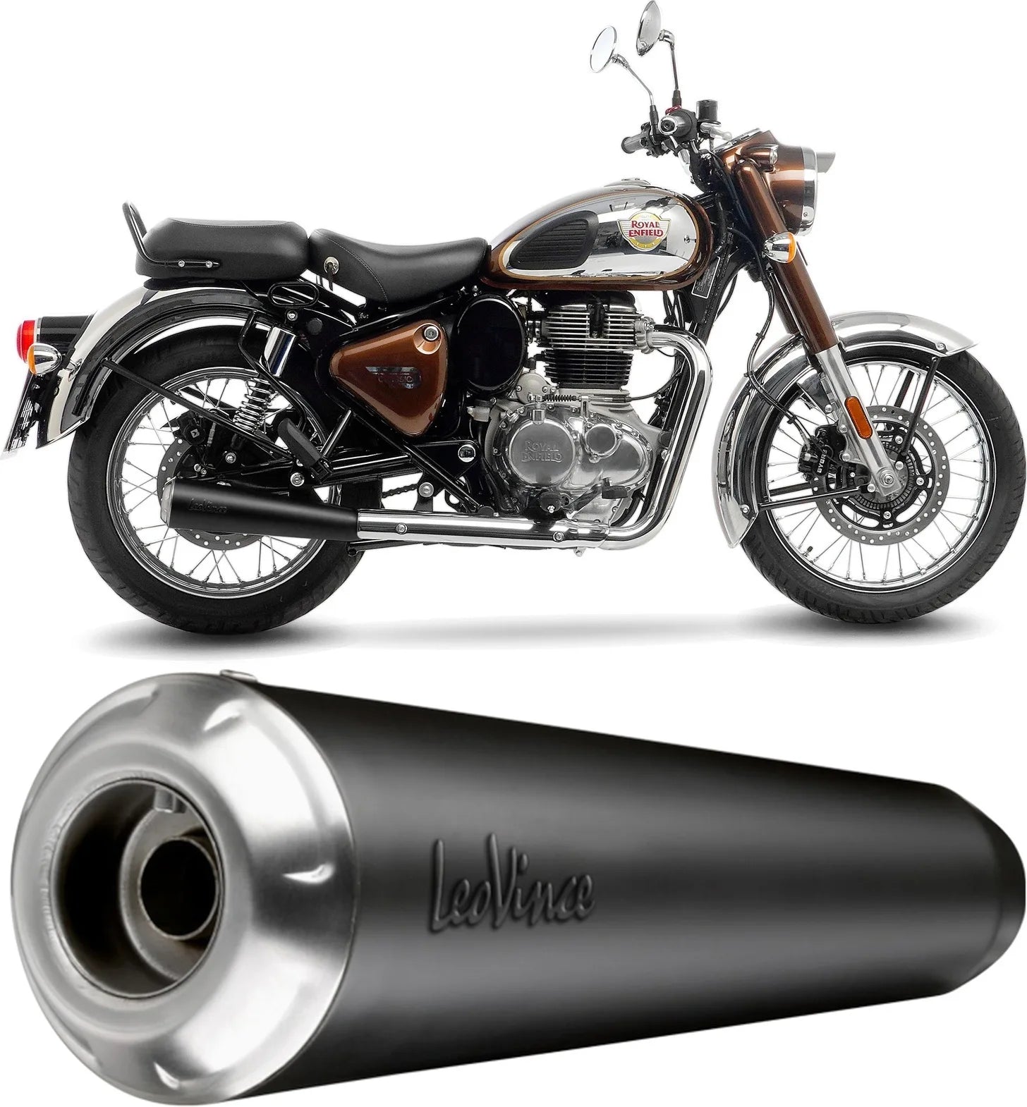 Tubo De Escape Con Homologación Acústica Classic Racer Acero Negro Fondo Acero - Leovince Compatible Con Royal Enfield Meteor 350 (2021-2024)