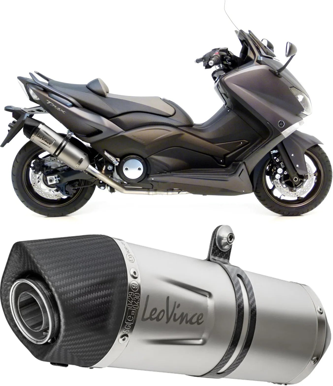 Sistema De Escape Completo Con Catalizador Y Homologación Acústica Lv One Evo Acero Fondo Carbono - Leovince Compatible Con Yamaha Xp 530 T-Max (2012-2016)