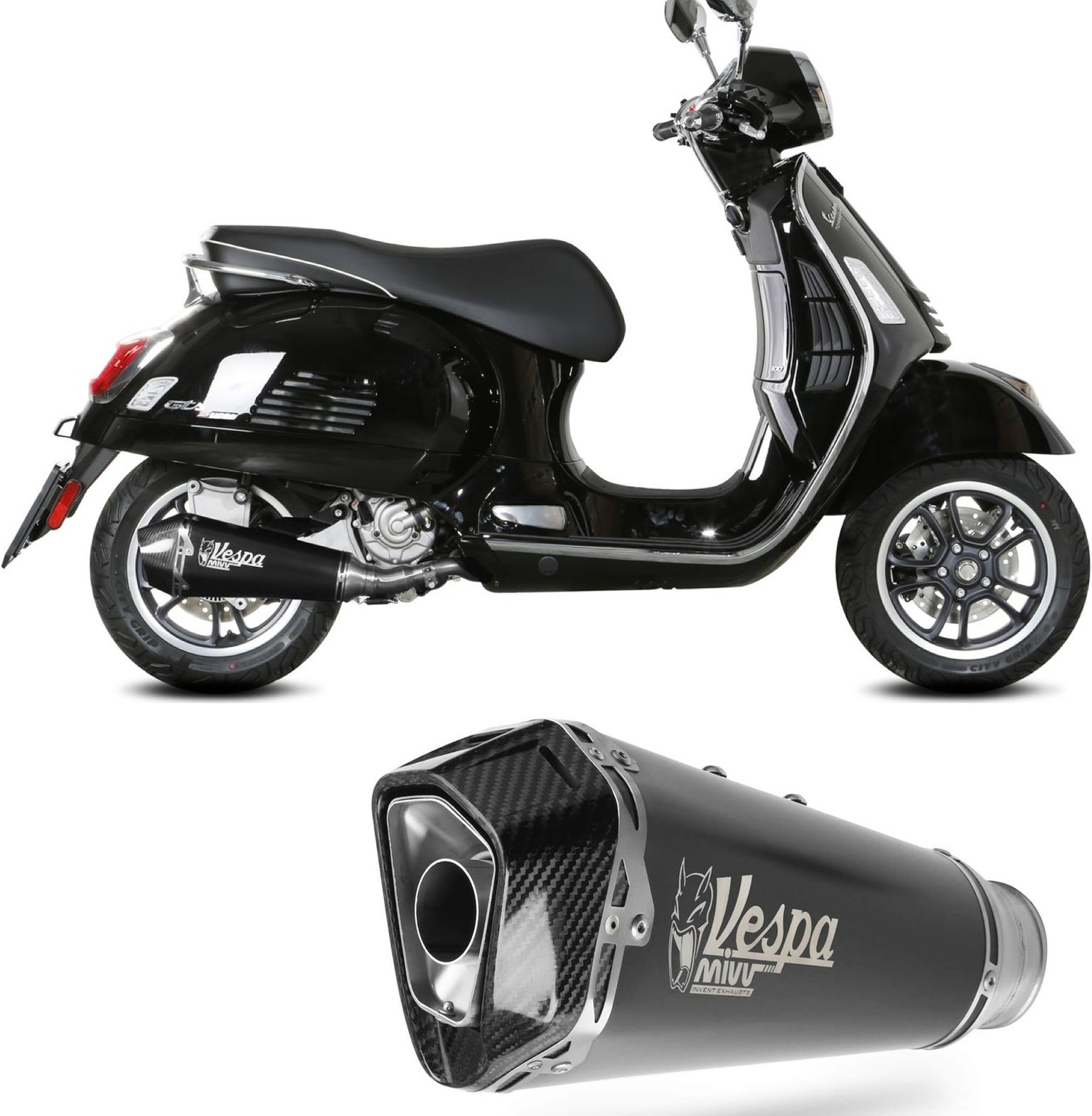 Catalytic Exhaust Tip With Sound Certification Delta Race Steel Black Carbon - Mivv Compatible With Piaggio Vespa Gts 300 (2021-2024)